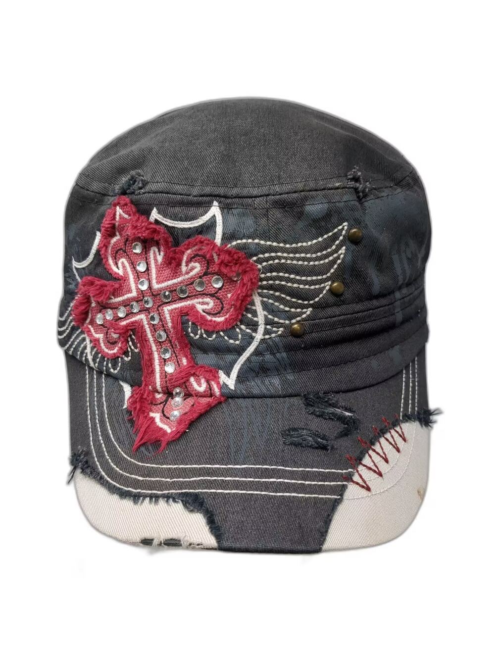 Leader Army Cap Gray One Size Rhinestone Cross Distressed Studded Hat OS